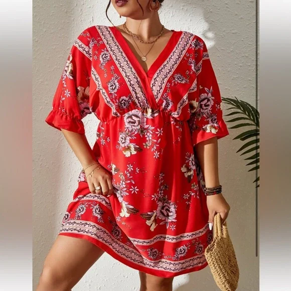 Boho Plus Size Floral Print Tie Back Dress - Picture 6 of 14